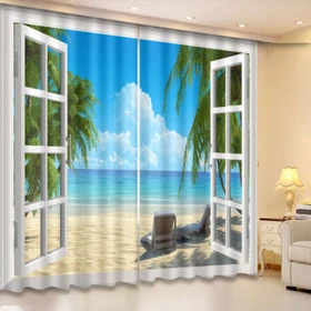 3D Blockout Drapes Fabric Tropical Beach Sea Window Decor Photo Printing Curtain