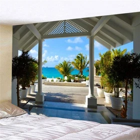 3D Pavilion Beach Sea View Wall Hanging Wall Art Tapestry Bedroom Backdrop