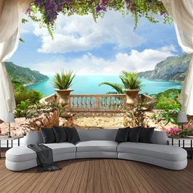 Large Blue Sea View Wall Hanging Holiday Village Tapestry Bedroom Backdrop Gifts