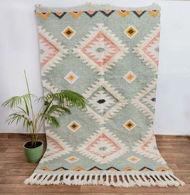 Sea Green Wool Moroccan Rug Hand Woven Bohemian Decor Inspired, Boho Scandinavia