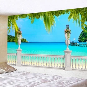 3D Balcony Terrace and Sea Wall Hanging Tapestry Bedspread Bedroom Backdrop Art