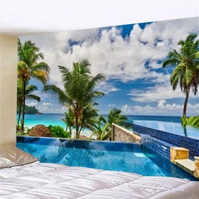 3D Balcony Terrace and Sea Wall Hanging Tapestry Bedspread Bedroom Backdrop Art